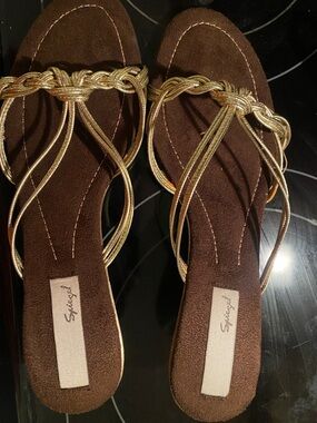 Metallic Gold Braided Strap Brown Footbed Sandals